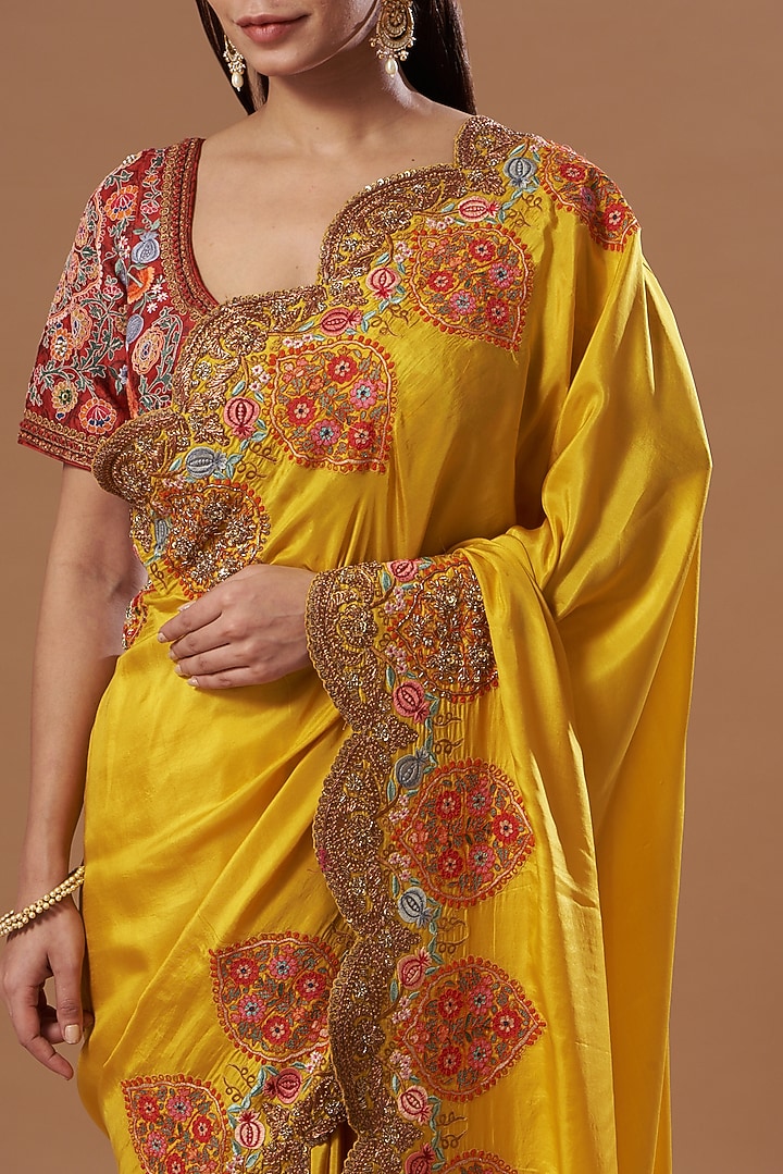 Mustard Silk Chanderi Reception Saree Set by Debyani at Pernia's Pop Up Shop