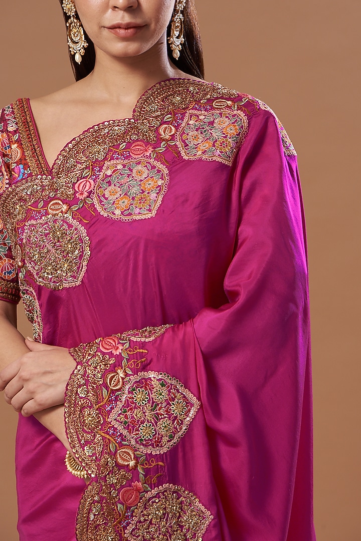 Magenta Silk Chanderi Reception Saree Set by Debyani at Pernia's Pop Up Shop