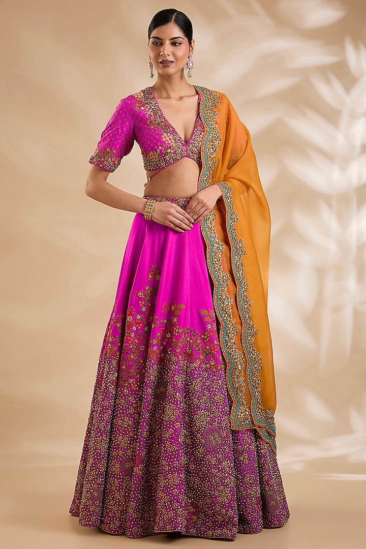 Rani Pink Silk Hand & Machine Embroidered Bridal Lehenga Set by Debyani at Pernia's Pop Up Shop
