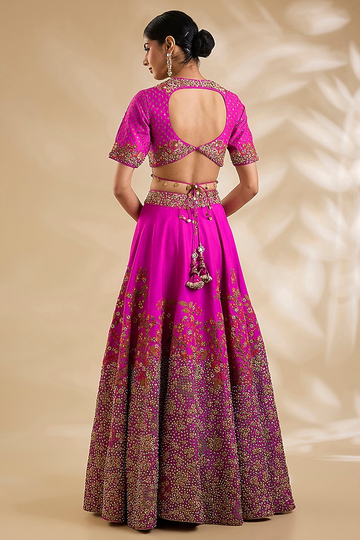 Rani Pink Silk Hand & Machine Embroidered Bridal Lehenga Set by Debyani at Pernia's Pop Up Shop