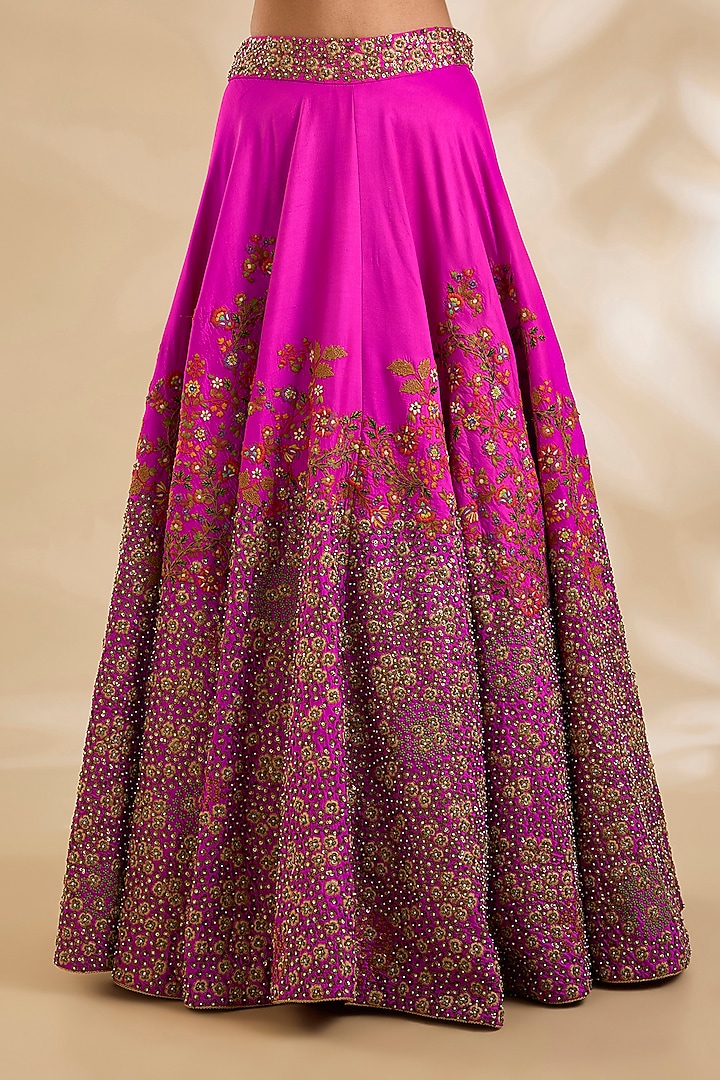 Rani Pink Silk Hand & Machine Embroidered Bridal Lehenga Set by Debyani at Pernia's Pop Up Shop