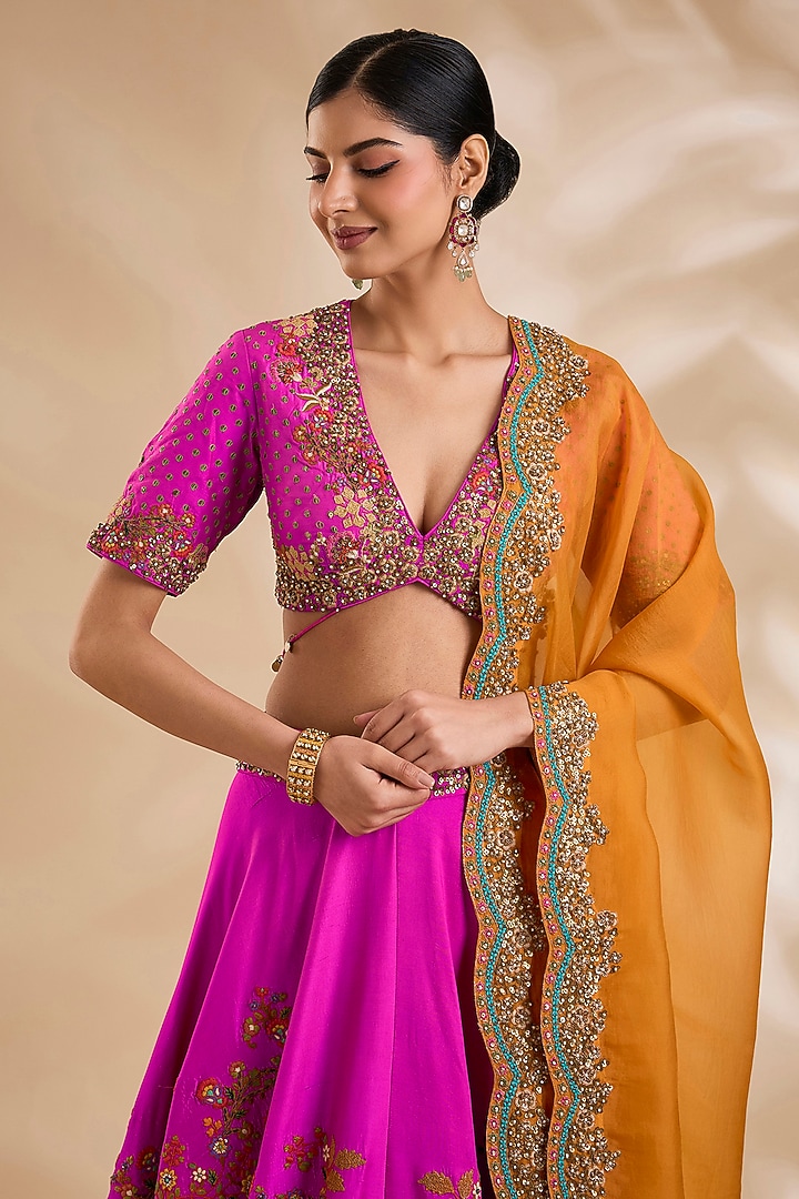 Rani Pink Silk Hand & Machine Embroidered Bridal Lehenga Set by Debyani at Pernia's Pop Up Shop