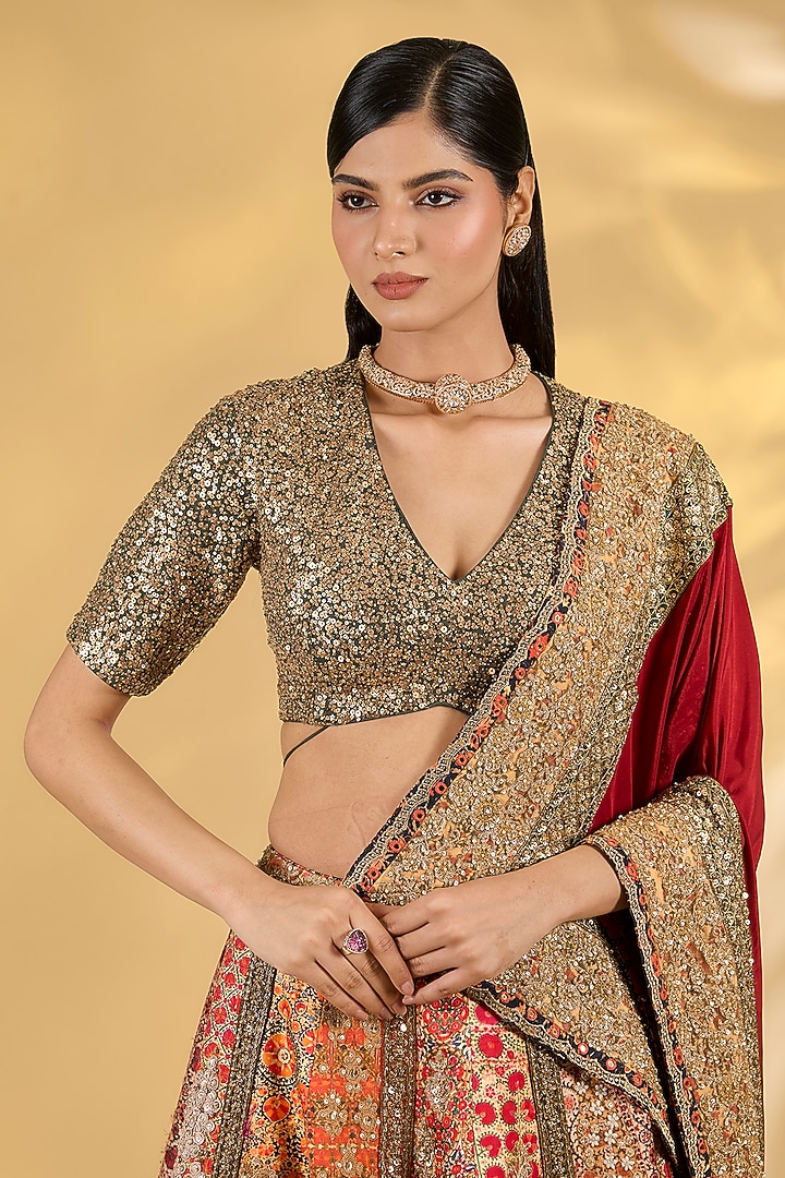 Multi-Colored Silk Hand & Machine Embroidered Bridal Lehenga Set by Debyani at Pernia's Pop Up Shop