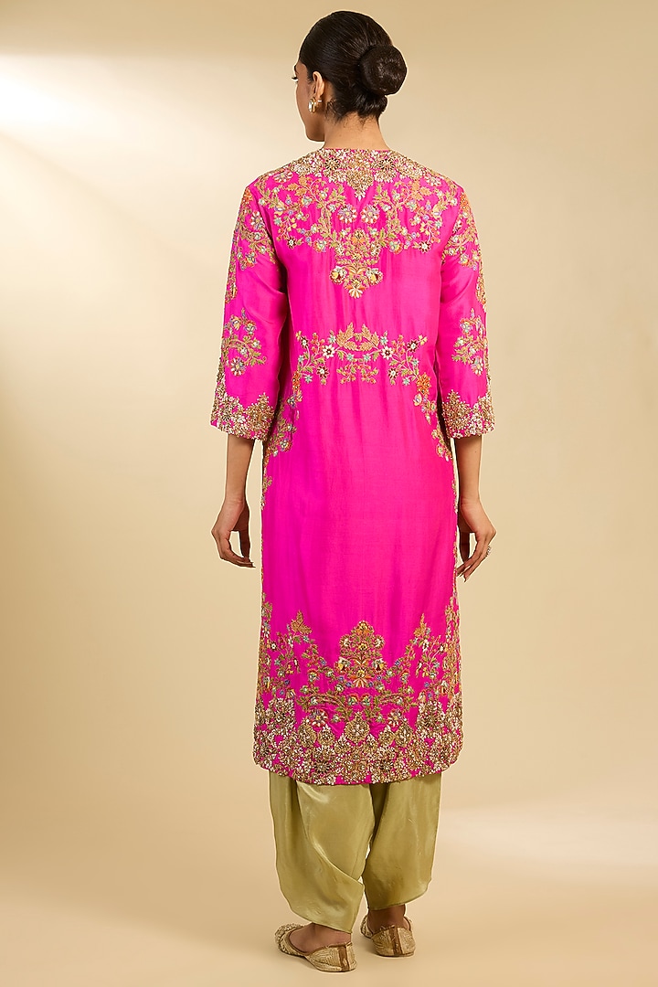 Rani Pink Silk Hand & Machine Embroidered Kurta Set by Debyani at Pernia's Pop Up Shop