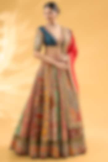 Multi-Colored Silk Abstract Printed & Hand Embroidered Bridal Lehenga Set by Debyani at Pernia's Pop Up Shop