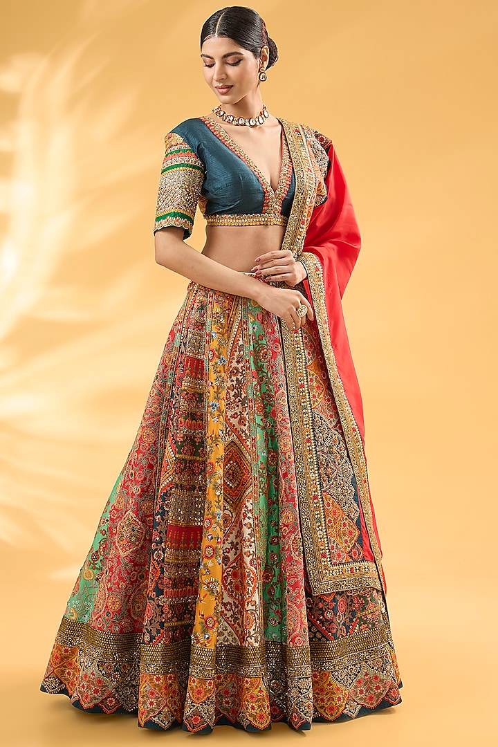 Multi-Colored Silk Abstract Printed & Hand Embroidered Bridal Lehenga Set by Debyani at Pernia's Pop Up Shop