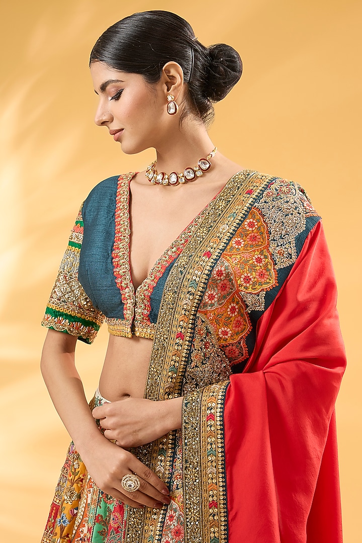 Multi-Colored Silk Abstract Printed & Hand Embroidered Bridal Lehenga Set by Debyani at Pernia's Pop Up Shop