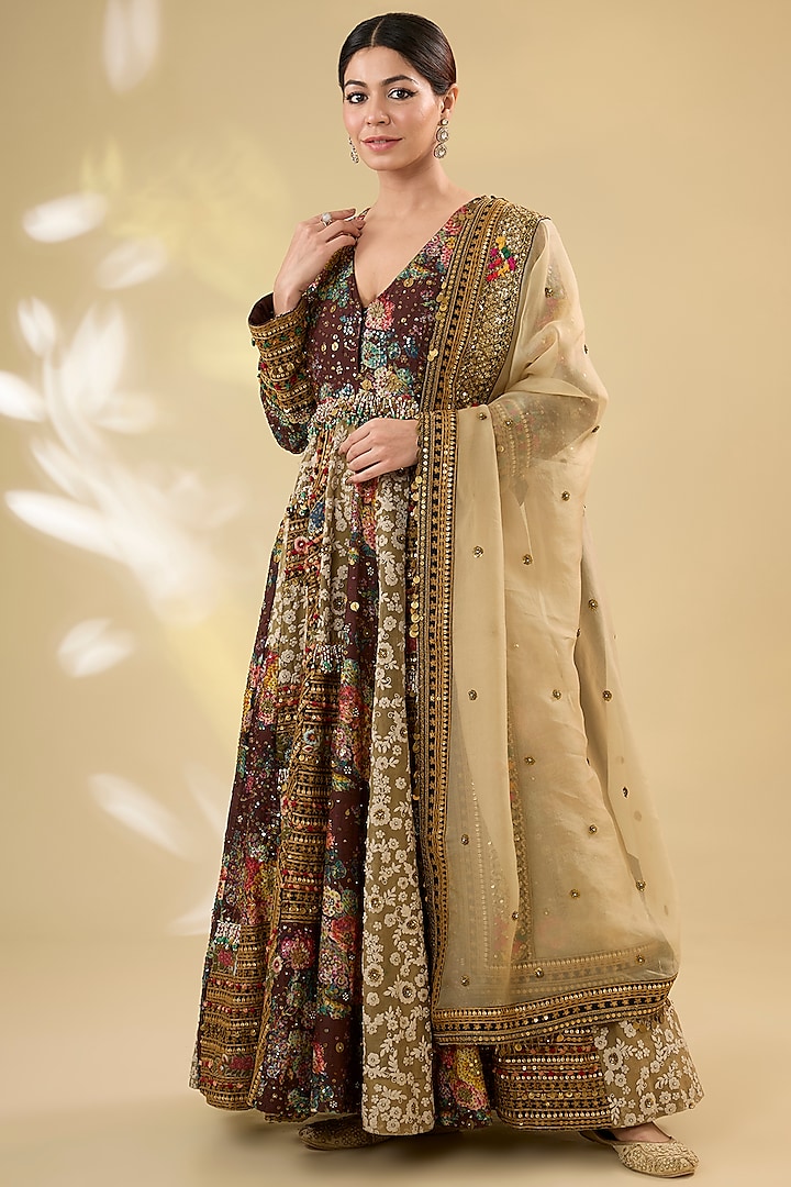 Brown Silk Hand & Machine Embroidered Kalidar Anarkali Set by Debyani at Pernia's Pop Up Shop