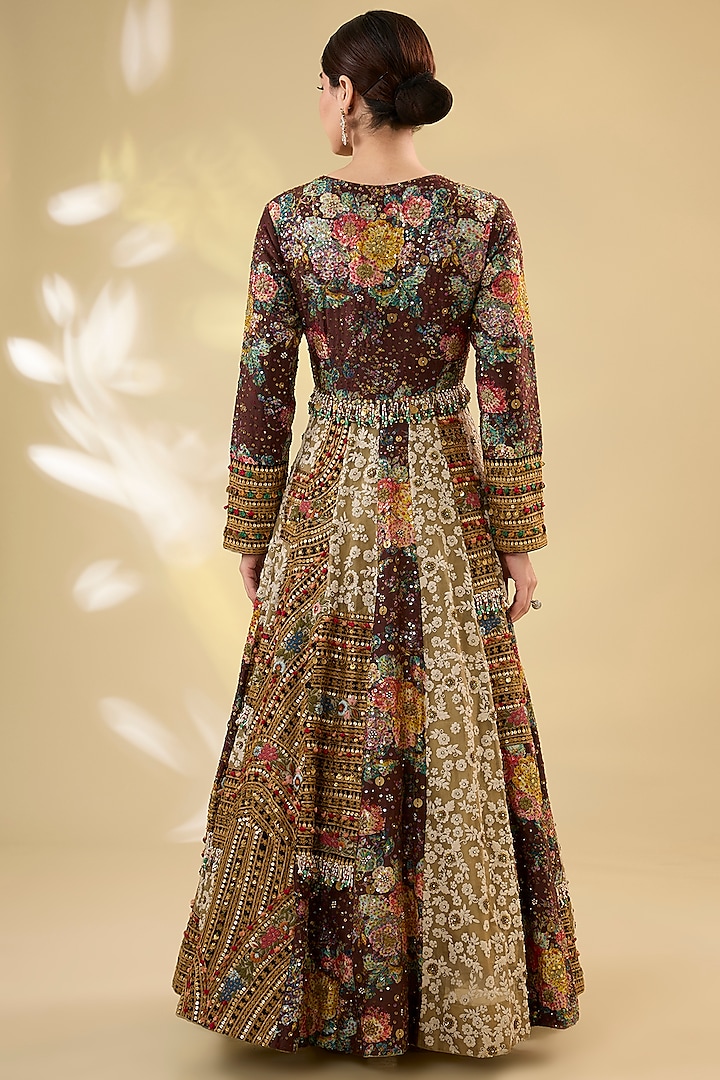 Brown Silk Hand & Machine Embroidered Kalidar Bridal Anarkali Set by Debyani at Pernia's Pop Up Shop