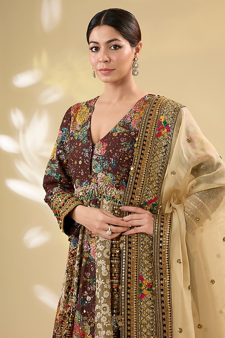 Brown Silk Hand & Machine Embroidered Kalidar Bridal Anarkali Set by Debyani at Pernia's Pop Up Shop