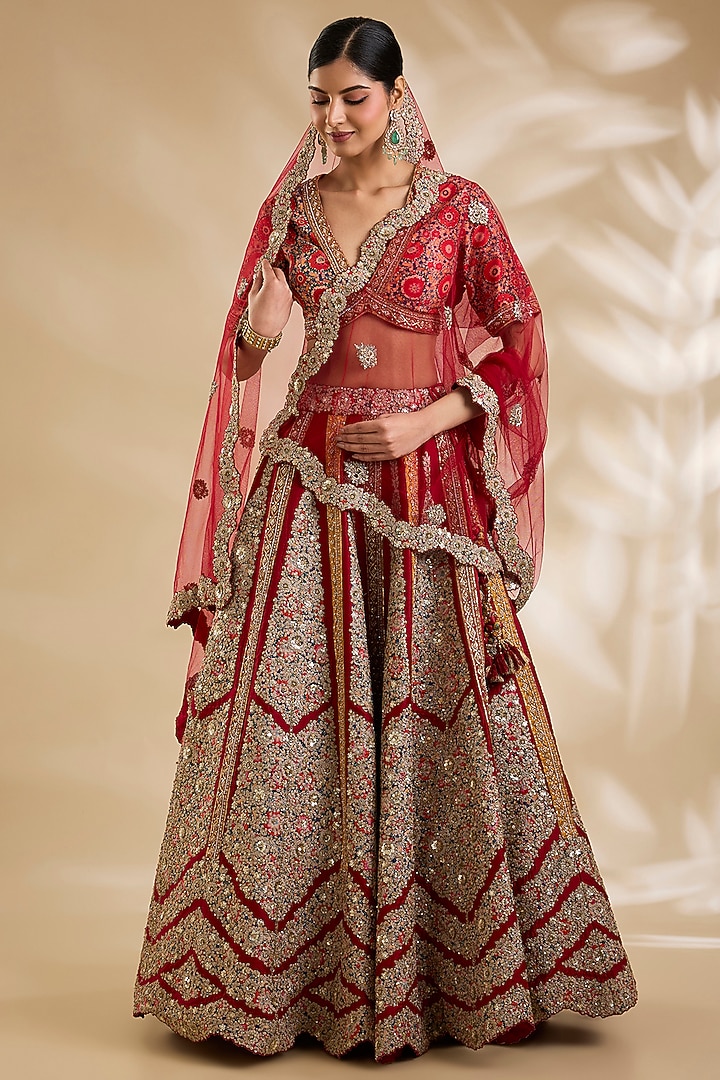 Red Silk Hand & Machine Embroidered Bridal Lehenga Set by Debyani at Pernia's Pop Up Shop