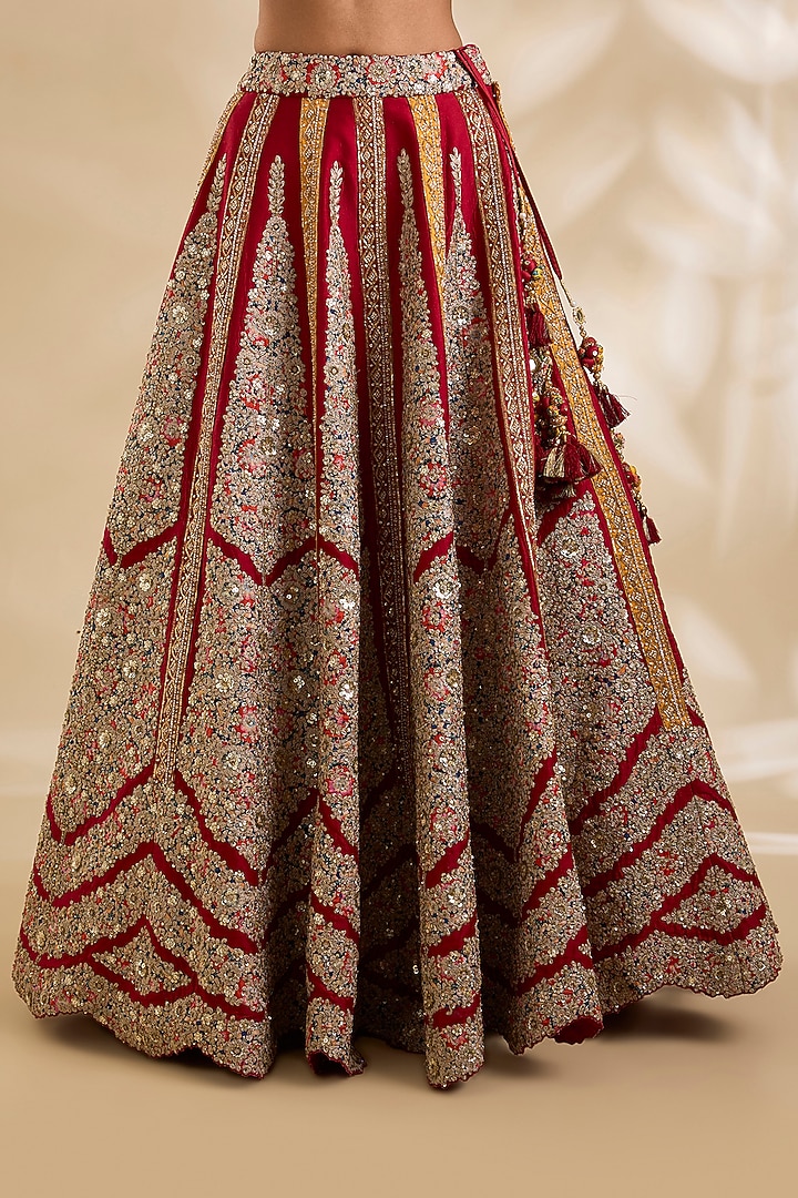 Red Silk Hand & Machine Embroidered Bridal Lehenga Set by Debyani at Pernia's Pop Up Shop