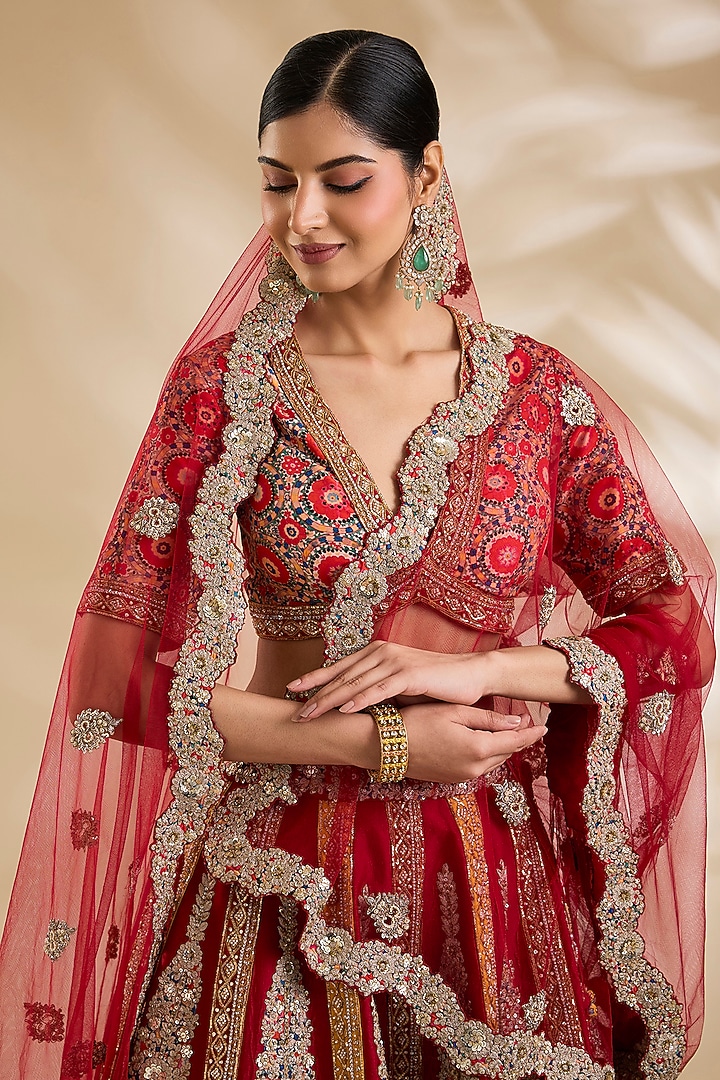 Red Silk Hand & Machine Embroidered Bridal Lehenga Set by Debyani at Pernia's Pop Up Shop