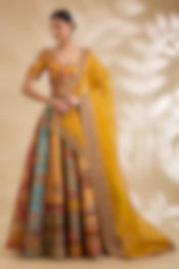 Multi-Colored Silk Hand & Machine Embroidered Bridal Lehenga Set by Debyani at Pernia's Pop Up Shop
