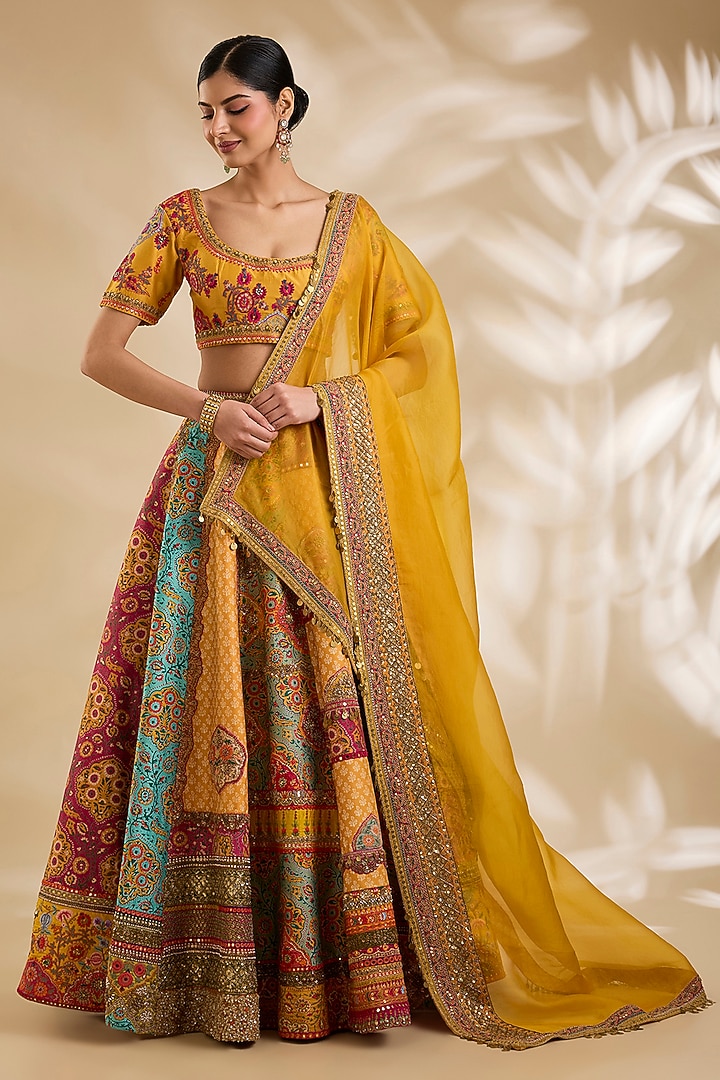 Multi-Colored Silk Hand & Machine Embroidered Bridal Lehenga Set by Debyani at Pernia's Pop Up Shop