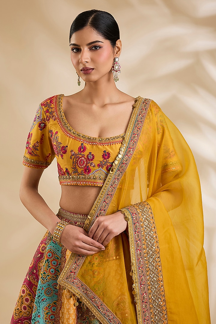 Multi-Colored Silk Hand & Machine Embroidered Bridal Lehenga Set by Debyani at Pernia's Pop Up Shop