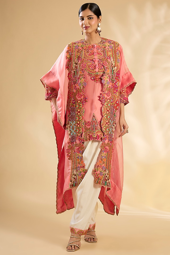 Blush Pink Silk & Organza Hand Embroidered Cape Set by Debyani at Pernia's Pop Up Shop