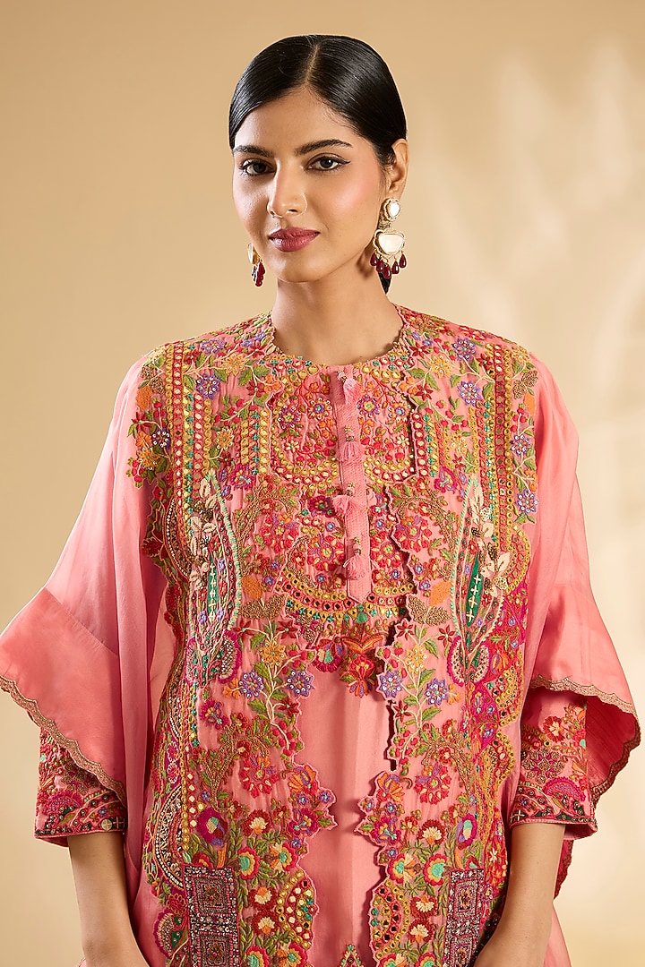 Blush Pink Silk & Organza Hand Embroidered Cape Set by Debyani at Pernia's Pop Up Shop