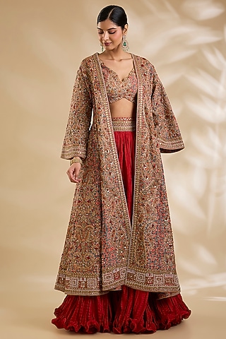 Multi-Colored Silk Hand & Machine Embroidered Jacket Set by Debyani