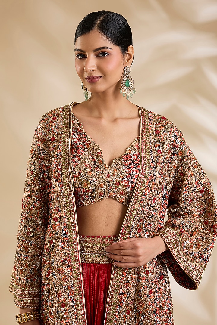 Multi-Colored Silk Hand & Machine Embroidered Jacket Set by Debyani at Pernia's Pop Up Shop