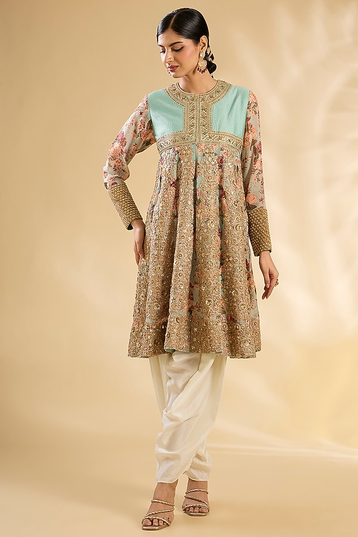 Pista Silk Floral Printed & Hand Embroidered Kurta Set by Debyani at Pernia's Pop Up Shop
