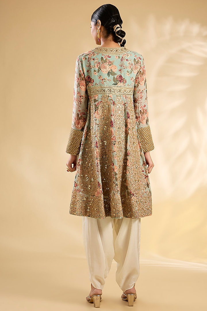 Pista Silk Floral Printed & Hand Embroidered Kurta Set by Debyani at Pernia's Pop Up Shop