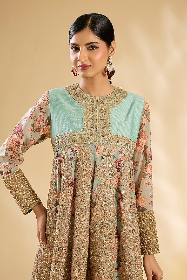 Pista Silk Floral Printed & Hand Embroidered Kurta Set by Debyani at Pernia's Pop Up Shop