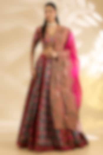 Magenta & Blue Silk Abstract Printed & Embroidered Wedding Lehenga Set by Debyani at Pernia's Pop Up Shop