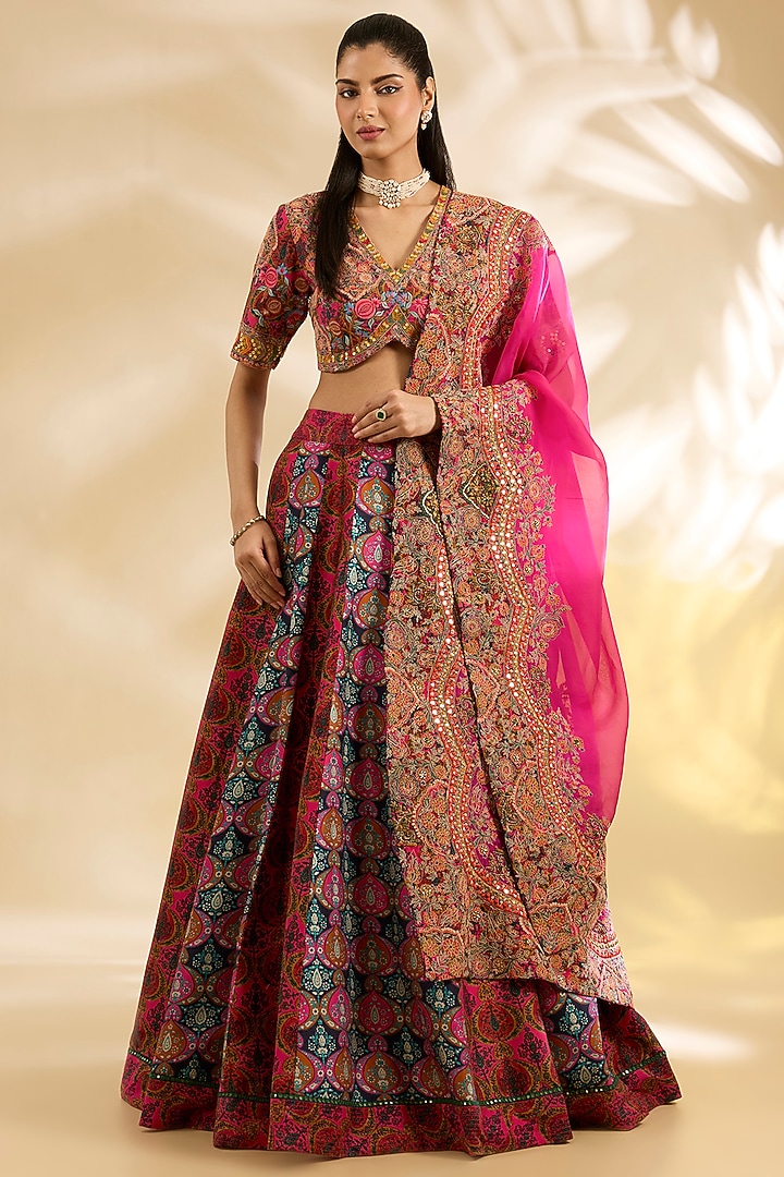 Magenta & Blue Silk Abstract Printed & Embroidered Wedding Lehenga Set by Debyani at Pernia's Pop Up Shop