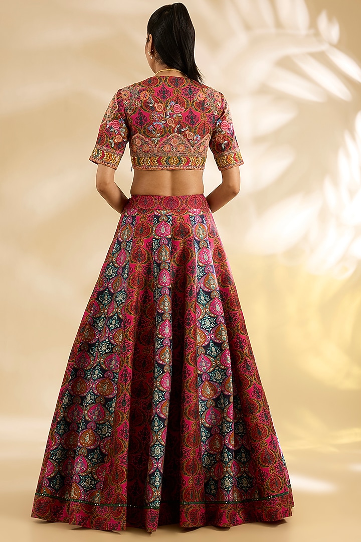 Magenta & Blue Silk Abstract Printed & Embroidered Wedding Lehenga Set by Debyani at Pernia's Pop Up Shop