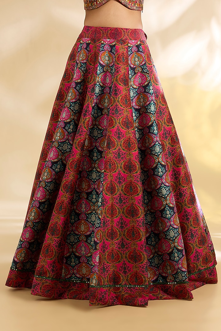 Magenta & Blue Silk Abstract Printed & Embroidered Wedding Lehenga Set by Debyani at Pernia's Pop Up Shop