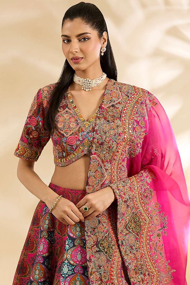 Magenta & Blue Silk Abstract Printed & Embroidered Wedding Lehenga Set by Debyani at Pernia's Pop Up Shop