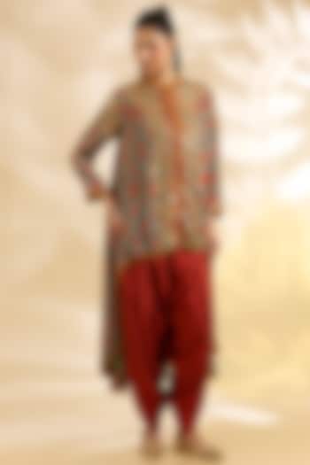 Blue Silk Floral Printed & Embroidered Jacket Set by Debyani at Pernia's Pop Up Shop