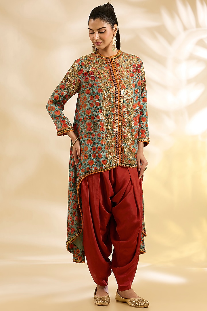 Blue Silk Floral Printed & Embroidered Jacket Set by Debyani at Pernia's Pop Up Shop