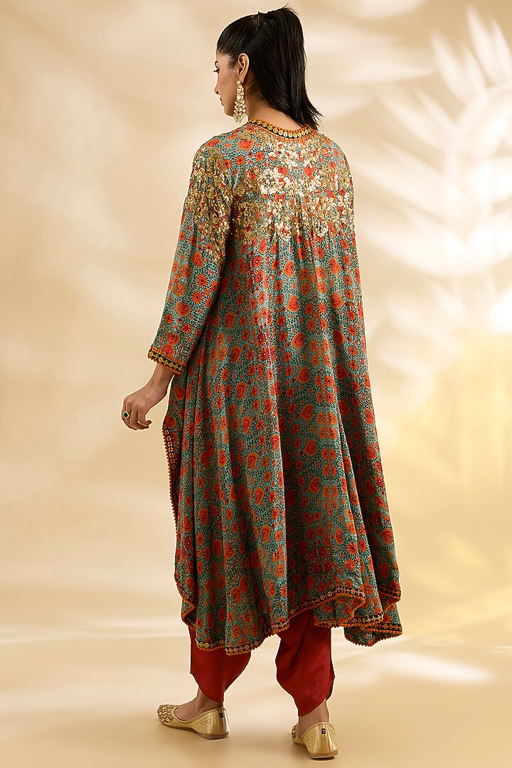 Blue Silk Floral Printed & Embroidered Jacket Set by Debyani at Pernia's Pop Up Shop