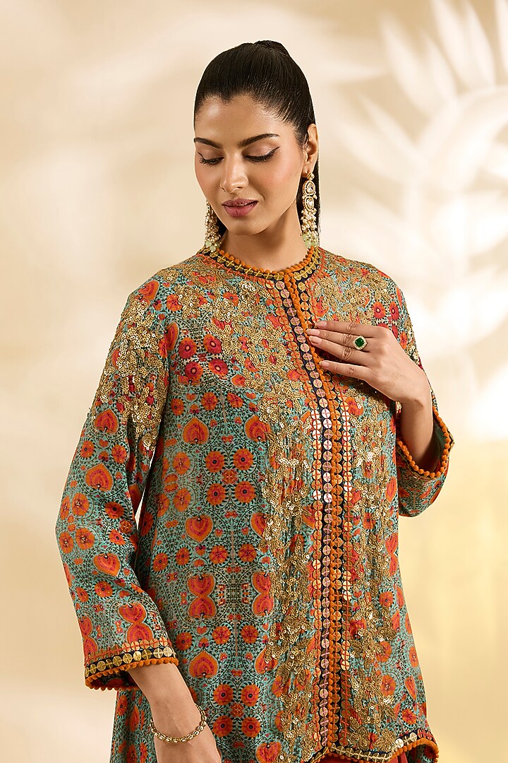 Blue Silk Floral Printed & Embroidered Jacket Set by Debyani at Pernia's Pop Up Shop