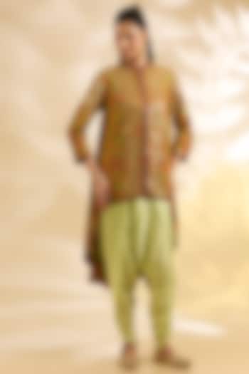 Green Silk Floral Printed & Embroidered Jacket Set by Debyani at Pernia's Pop Up Shop