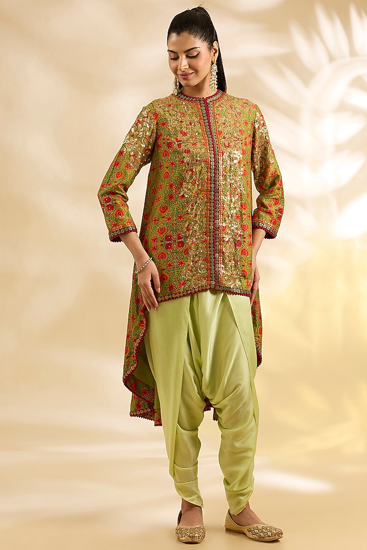 Green Silk Floral Printed & Embroidered Jacket Set by Debyani at Pernia's Pop Up Shop