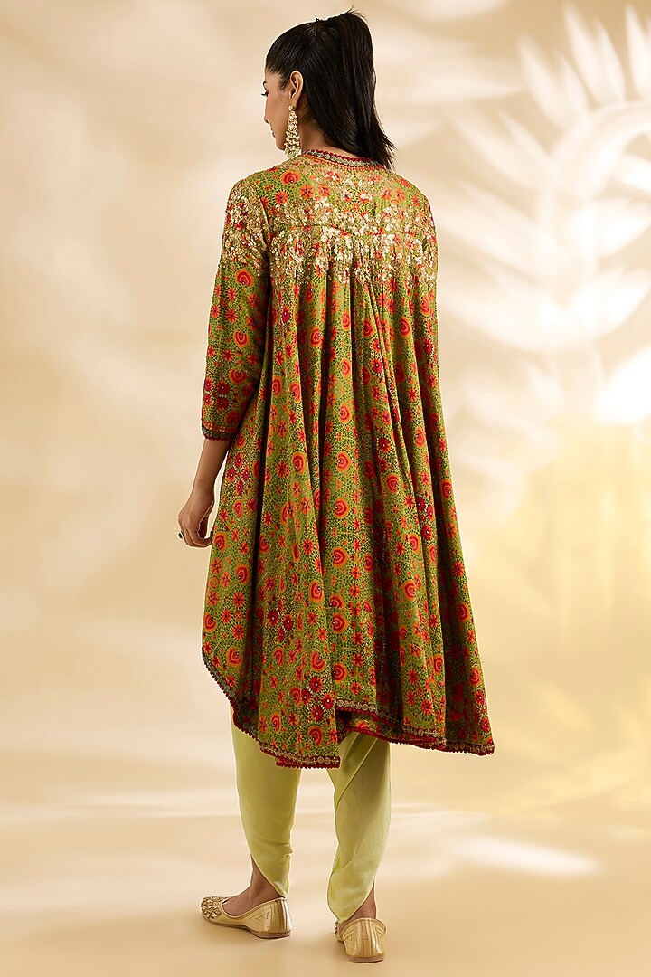 Green Silk Floral Printed & Embroidered Jacket Set by Debyani at Pernia's Pop Up Shop