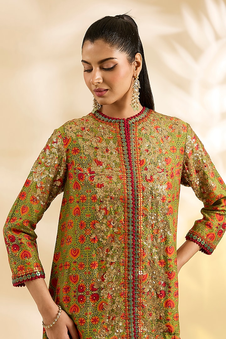 Green Silk Floral Printed & Embroidered Jacket Set by Debyani at Pernia's Pop Up Shop
