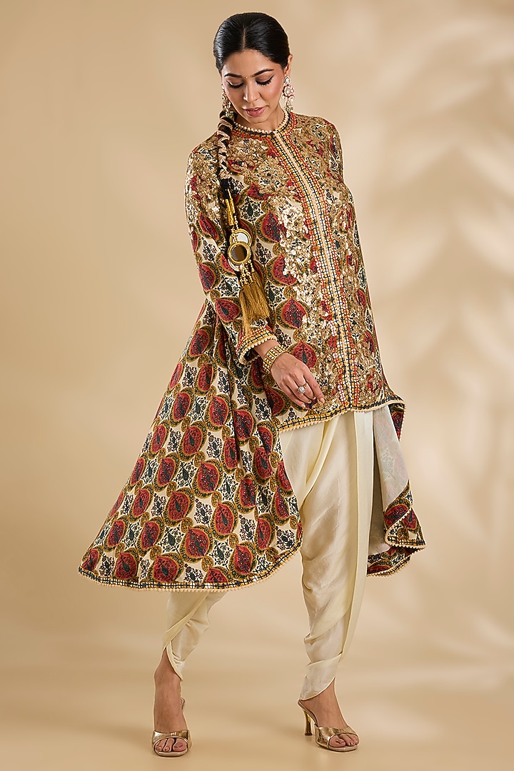 Ivory Silk Hand & Machine Embroidered Jacket Set by Debyani at Pernia's Pop Up Shop