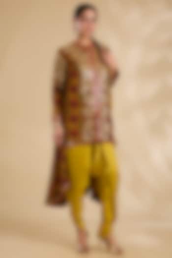 Mustard Silk Hand & Machine Embroidered Jacket Set by Debyani at Pernia's Pop Up Shop