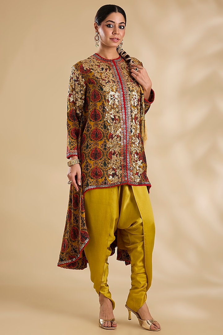 Mustard Silk Hand & Machine Embroidered Jacket Set by Debyani at Pernia's Pop Up Shop