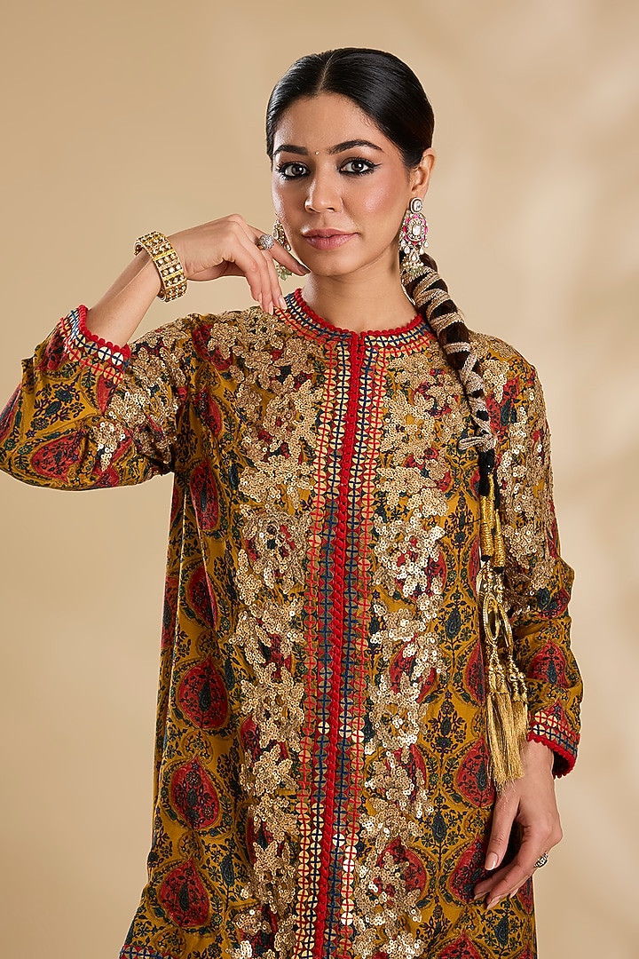 Mustard Silk Hand & Machine Embroidered Jacket Set by Debyani at Pernia's Pop Up Shop