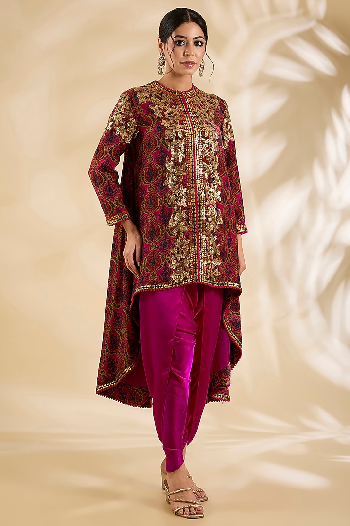 Magenta Silk Sequins Embroidered Jacket Set by Debyani at Pernia's Pop Up Shop