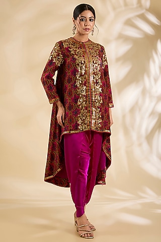 Magenta Silk Sequins Embroidered Jacket Set by Debyani