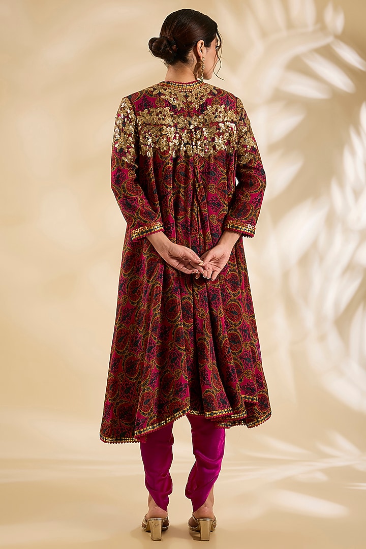 Magenta Silk Sequins Embroidered Jacket Set by Debyani at Pernia's Pop Up Shop