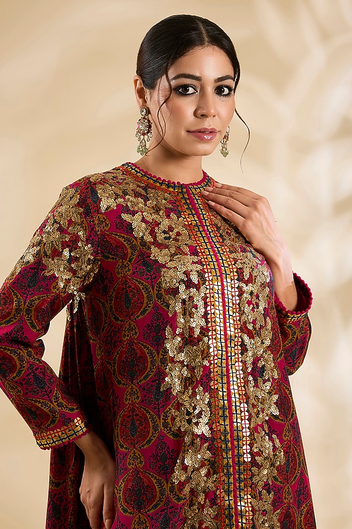 Magenta Silk Sequins Embroidered Jacket Set by Debyani at Pernia's Pop Up Shop