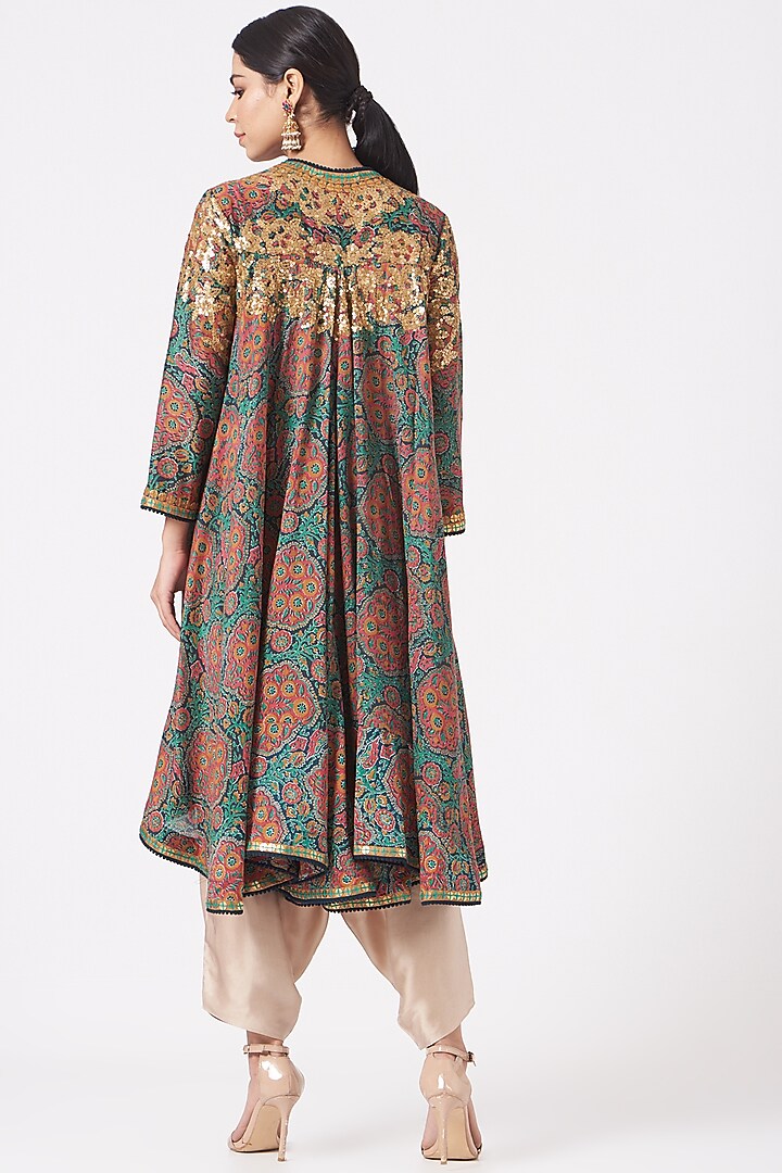 Green Mughal Printed Jacket Set by Debyani at Pernia's Pop Up Shop