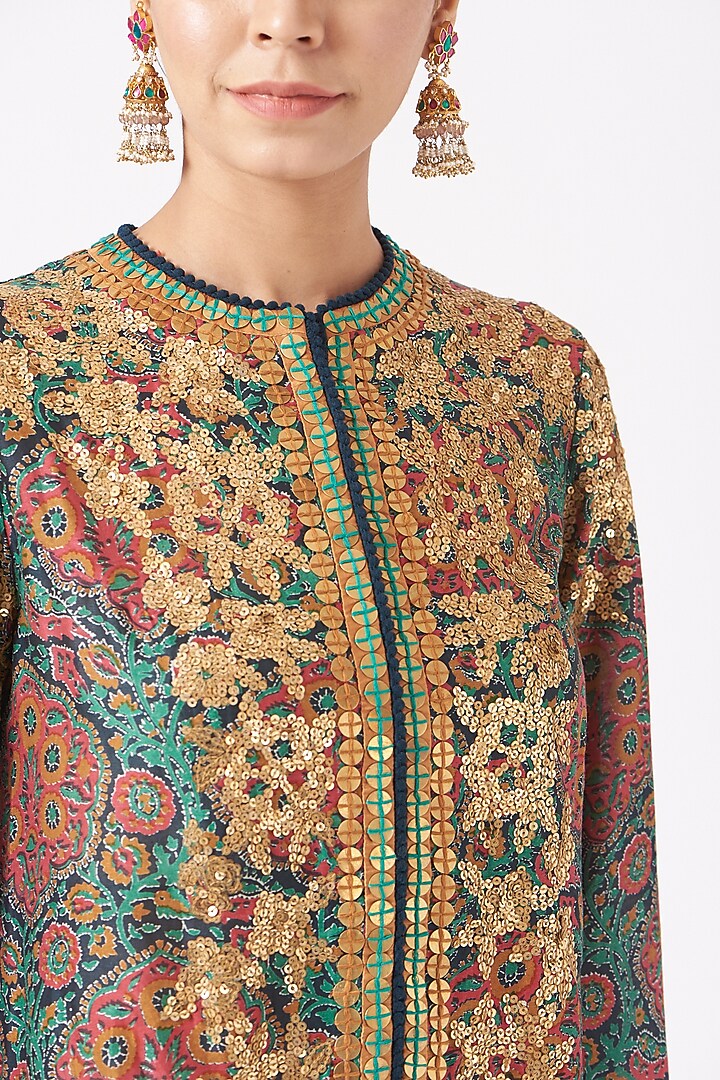 Green Mughal Printed Jacket Set by Debyani at Pernia's Pop Up Shop